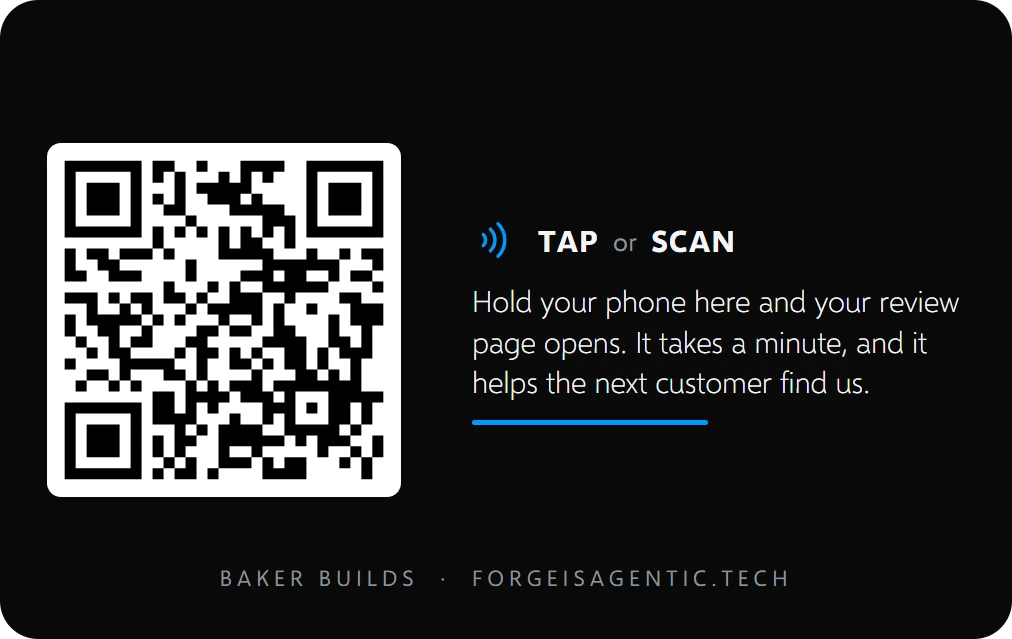 The back of a FORGE Google review card. A large square code to scan, the words tap or scan, and a line explaining that holding a phone to the card opens the review page.