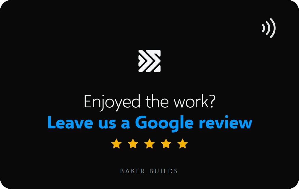 The front of a FORGE Google review card. It reads Enjoyed the work? Leave us a Google review, with five stars and the business name along the bottom.